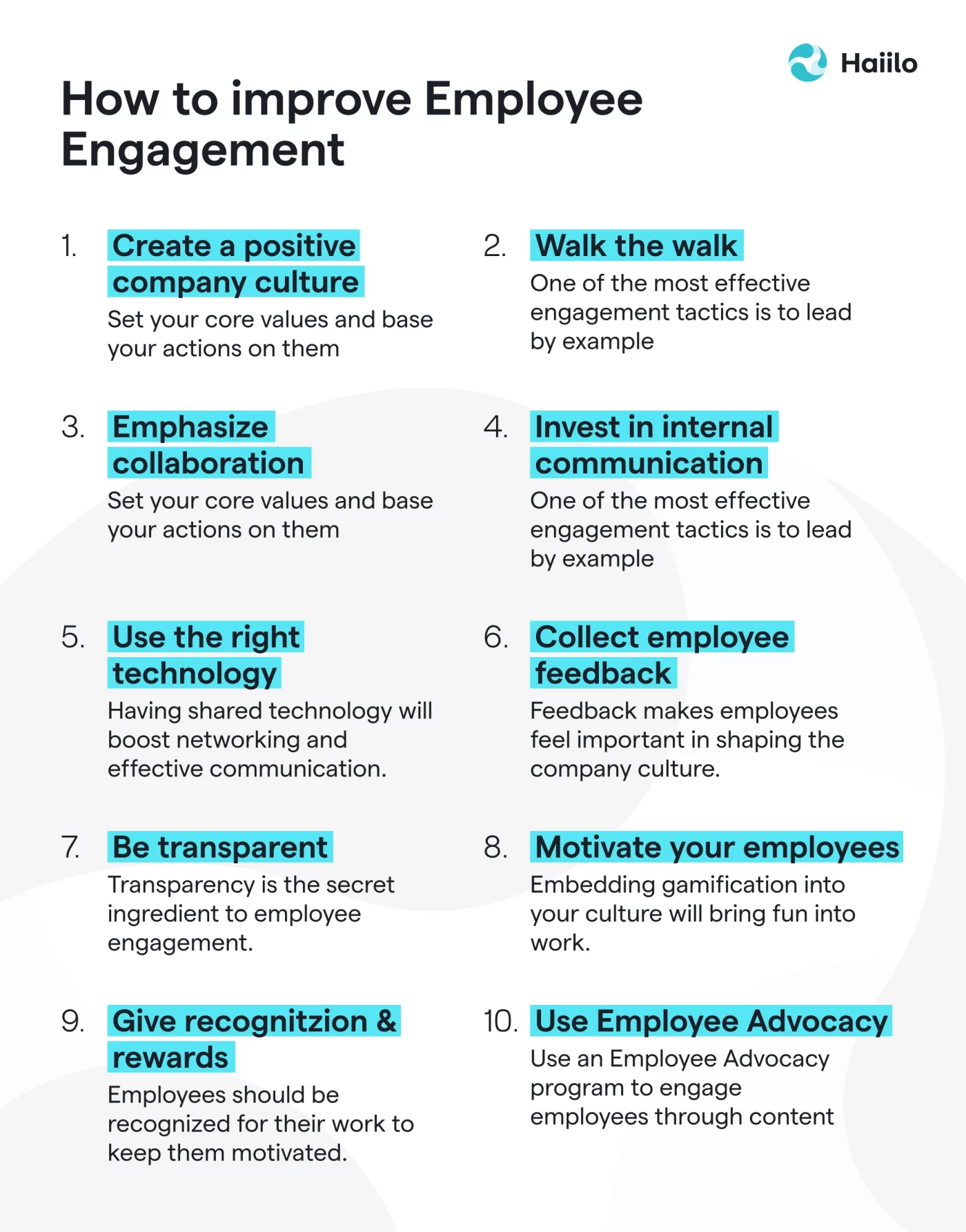 10 ways to improve employee engagement