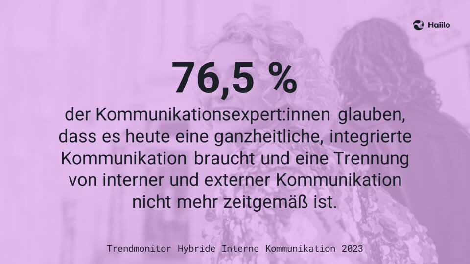 Zitat: 76,5 % der Kommunikationsexpert:innen glauben, dass es heute eine ganzheitliche, integrierte Kommunikation braucht und eine Trennung von interner und externer Kommunikation nicht mehr zeitgemäß ist